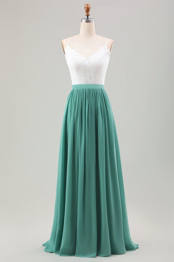 Eukalyptus Åpne tilbake Boho Chiffon Long brudepike kjole med blonder